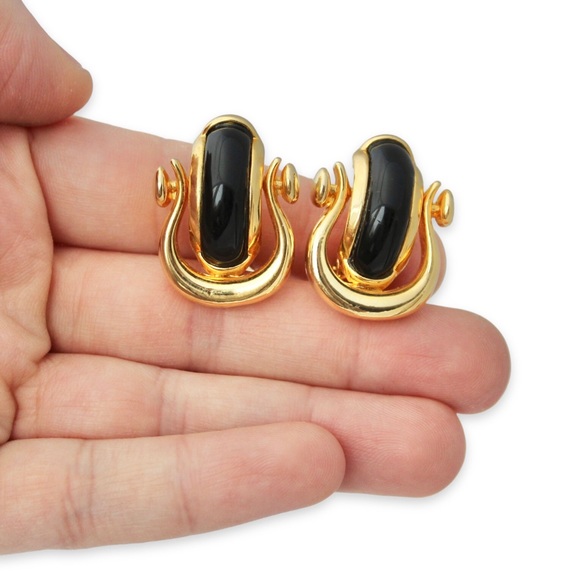 Vintage Black Lucite Door Knocker Clip On Earrings Gold Plated Doorknocker - Picture 2 of 4